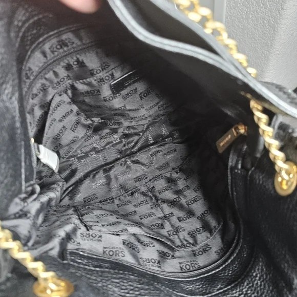 Michael Kors Black Pebbled Genuine Leather Shoulder Bag with Gold Chain Straps - Picture 4 of 4
